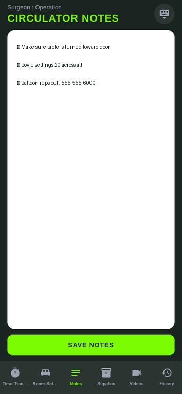 Circulator Notes screen with example notes